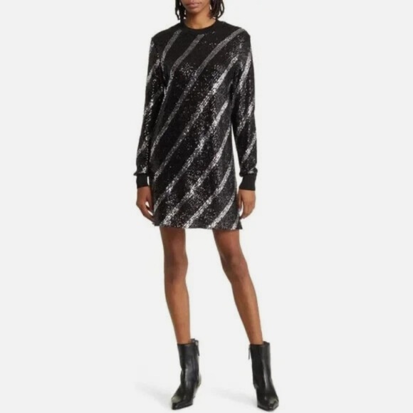 AllSaints Juela Bowi Black and Silver Long Sleeve Sequined Mini Dress- NWOT - Picture 1 of 16